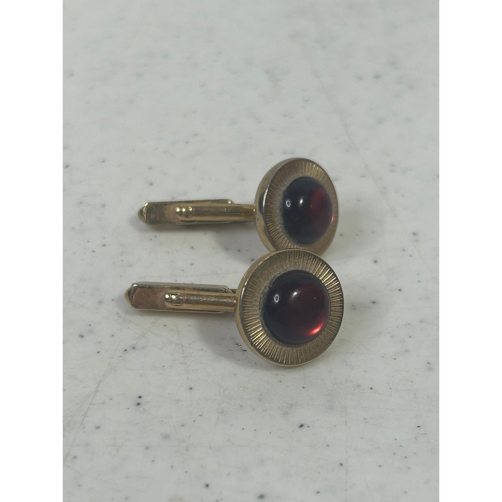 Vintage Swank Gold Tone Red Cabochon Round Cufflinks Mid Century Formal Mens